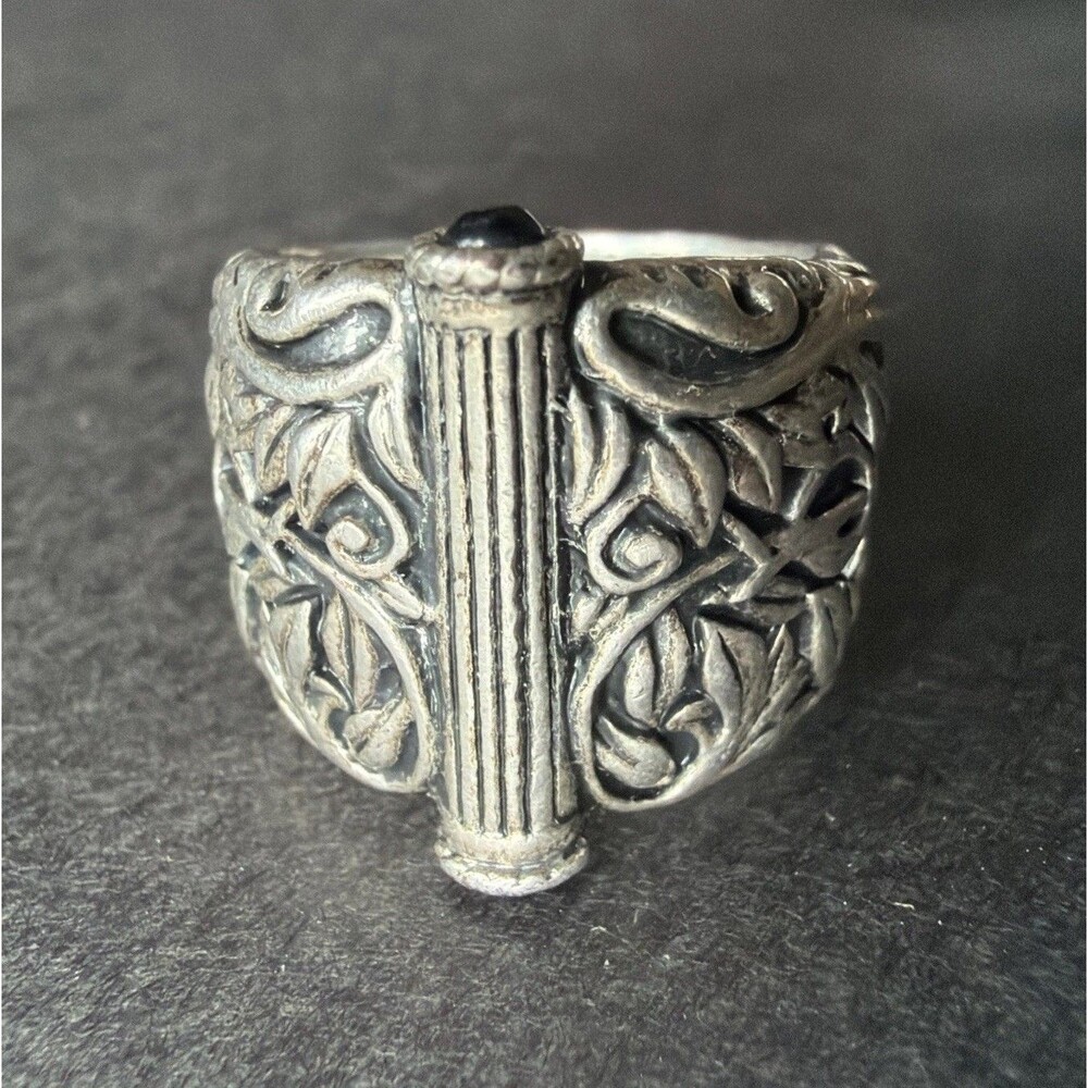 Vintage Celtic Ring Oxidized Silver Tone Carved Ornate Leaf Elven Fae Size 8